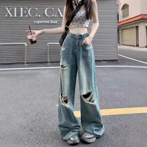 Women's Ripped Wide-Leg Jeans – Retro High Street Style