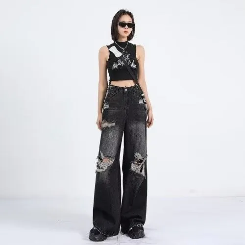 Women's Ripped Wide-Leg Jeans – Retro High Street Style