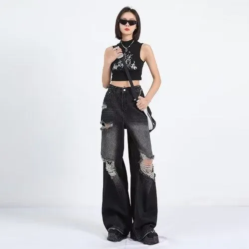 Women's Ripped Wide-Leg Jeans – Retro High Street Style