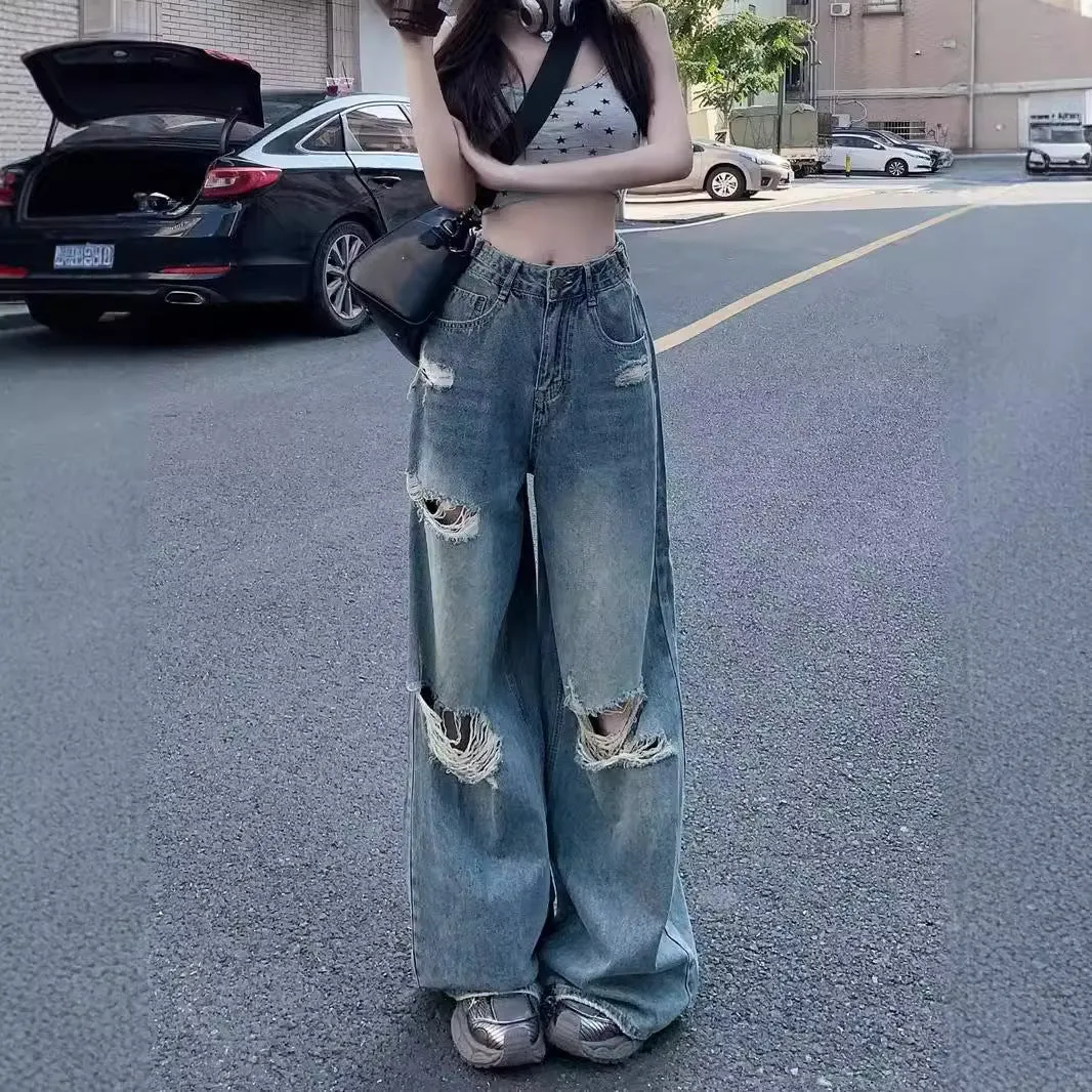 Women's Ripped Wide-Leg Jeans – Retro High Street Style