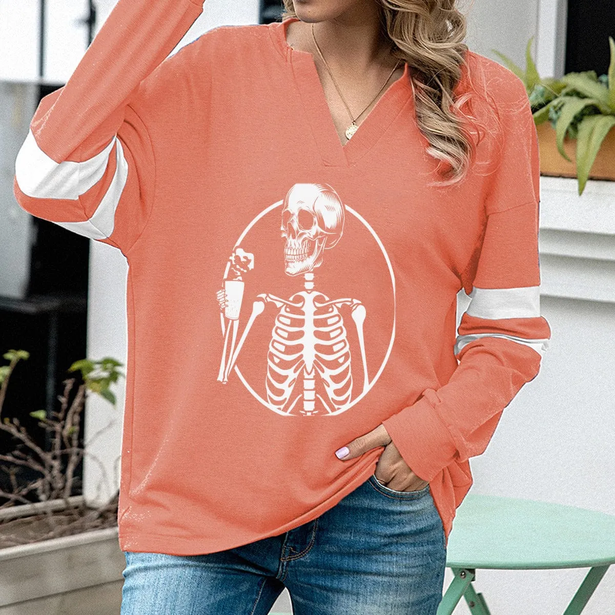 Women's Skull Casual Loose V-Neck Sweatshirt