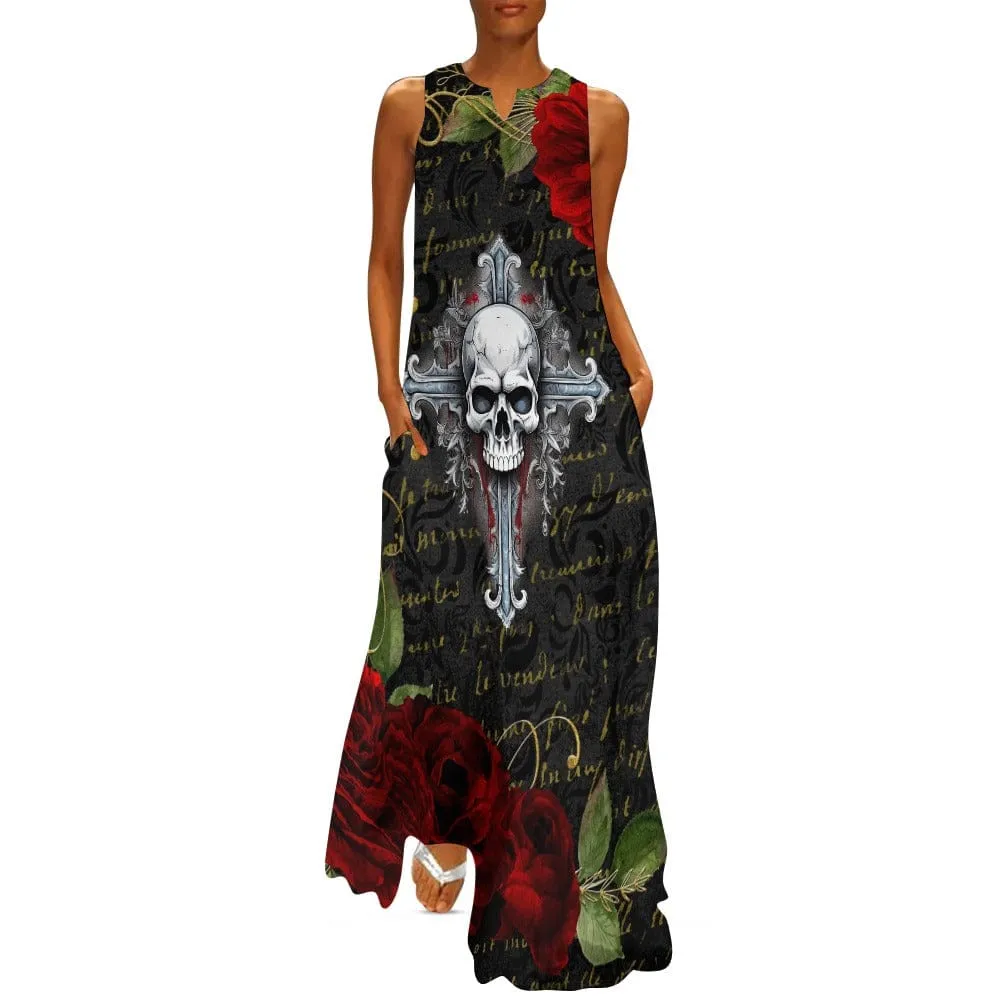 Women's Skull Cross Red Roses Long Gothic Dress