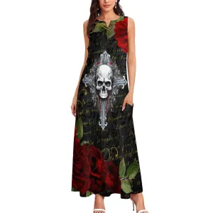 Women's Skull Cross Red Roses Long Gothic Dress