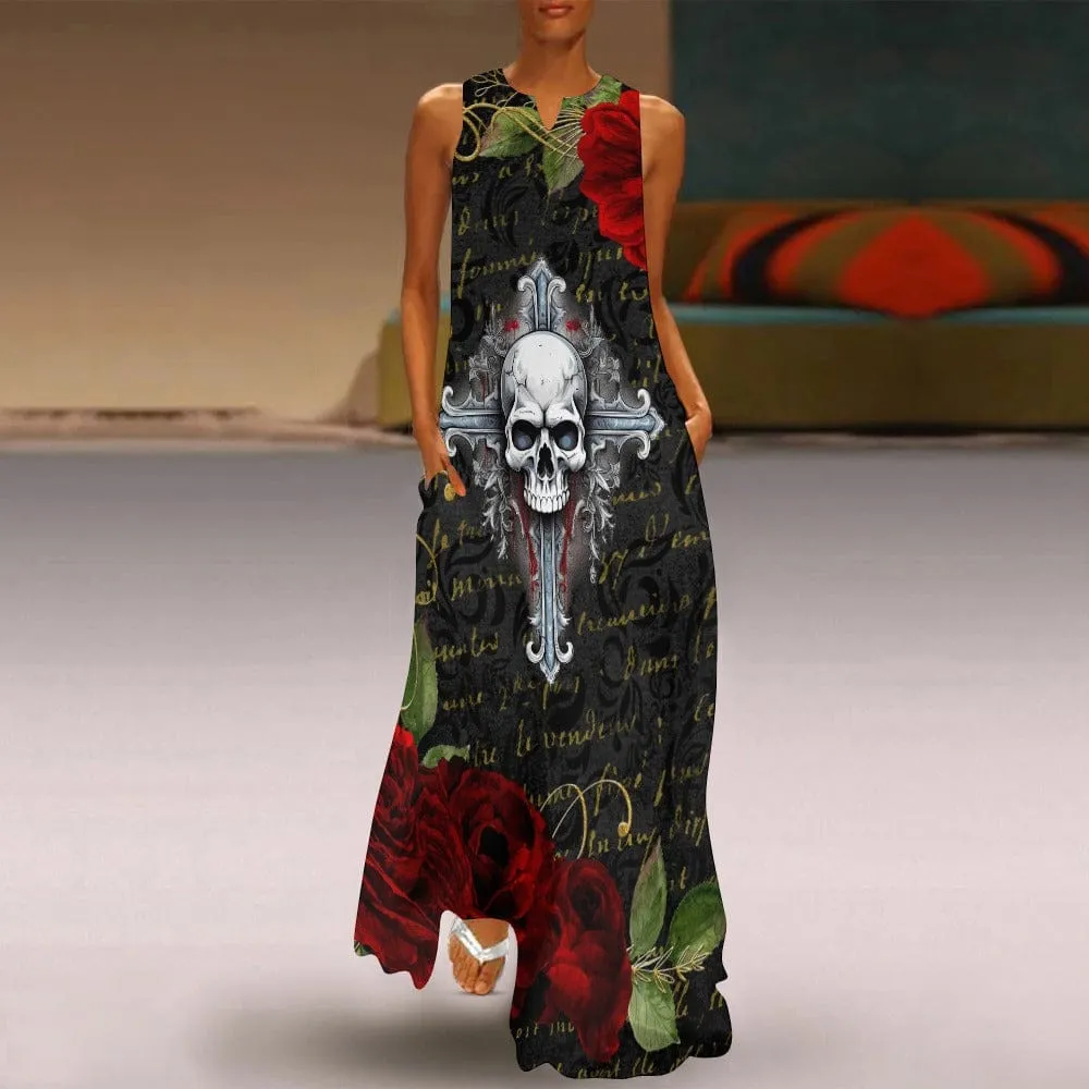 Women's Skull Cross Red Roses Long Gothic Dress