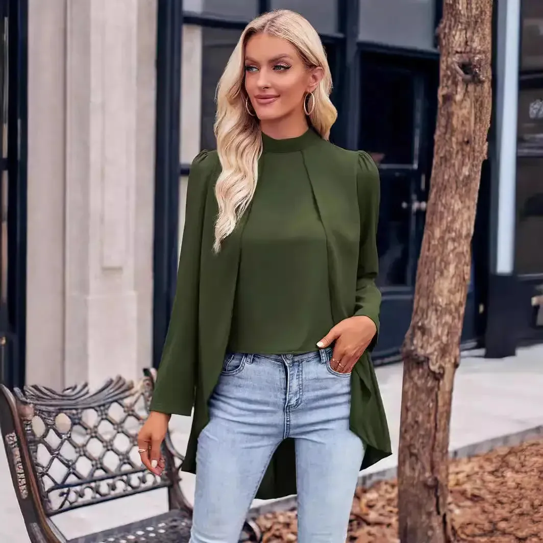 Women's Solid Color crocheted tops Casual Long Sleeve Crocheted Tops Stand-Up Collar Halter Breathable Plain Dyed Button