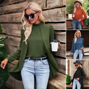 Women's Solid Color crocheted tops Casual Long Sleeve Crocheted Tops Stand-Up Collar Halter Breathable Plain Dyed Button