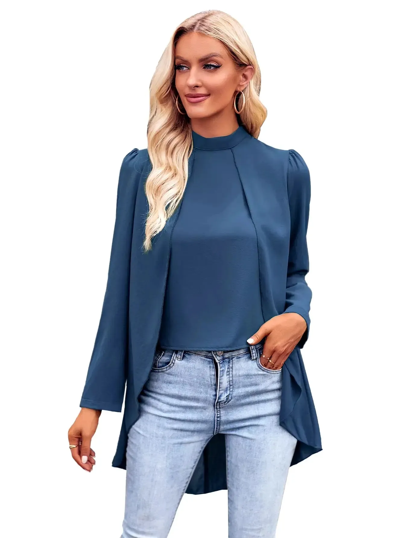 Women's Solid Color crocheted tops Casual Long Sleeve Crocheted Tops Stand-Up Collar Halter Breathable Plain Dyed Button