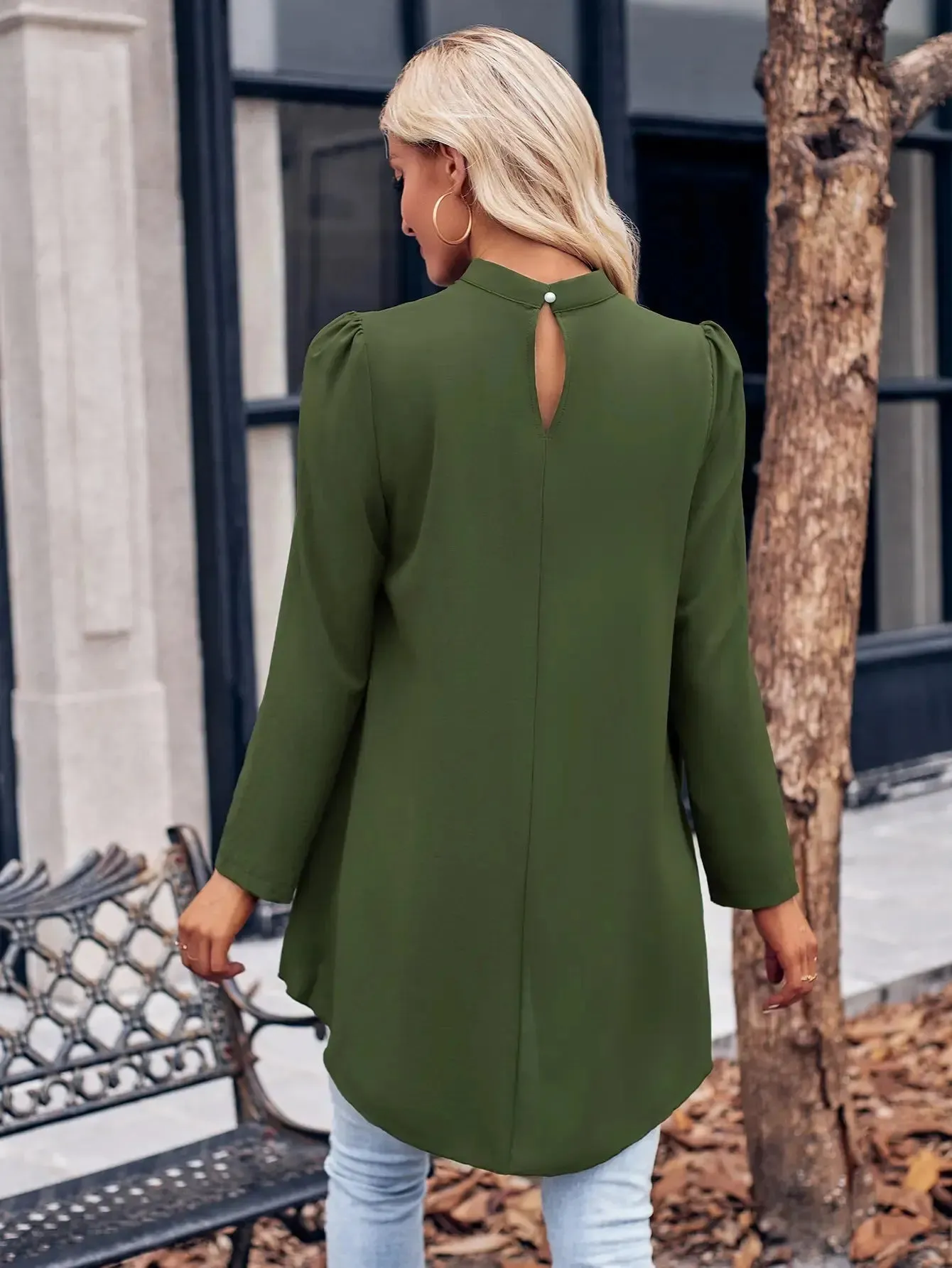 Women's Solid Color crocheted tops Casual Long Sleeve Crocheted Tops Stand-Up Collar Halter Breathable Plain Dyed Button