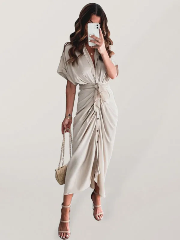 Women's Solid color pleated short sleeve shirt dress