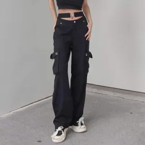 Women’s Straight Leg Black Pants with Attached Belt