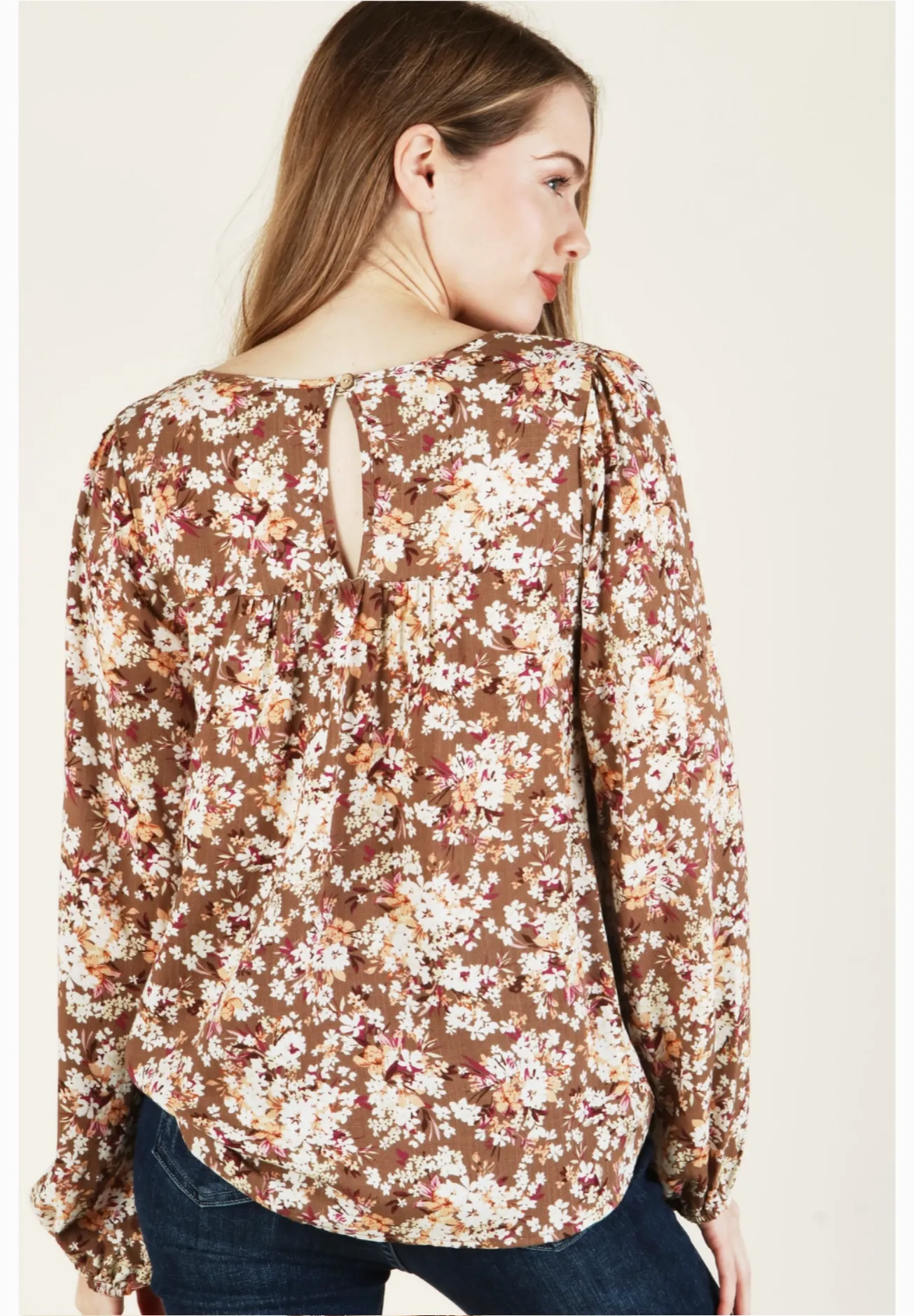 Woven Floral Long Sleeve Top - Back Button Key Hole