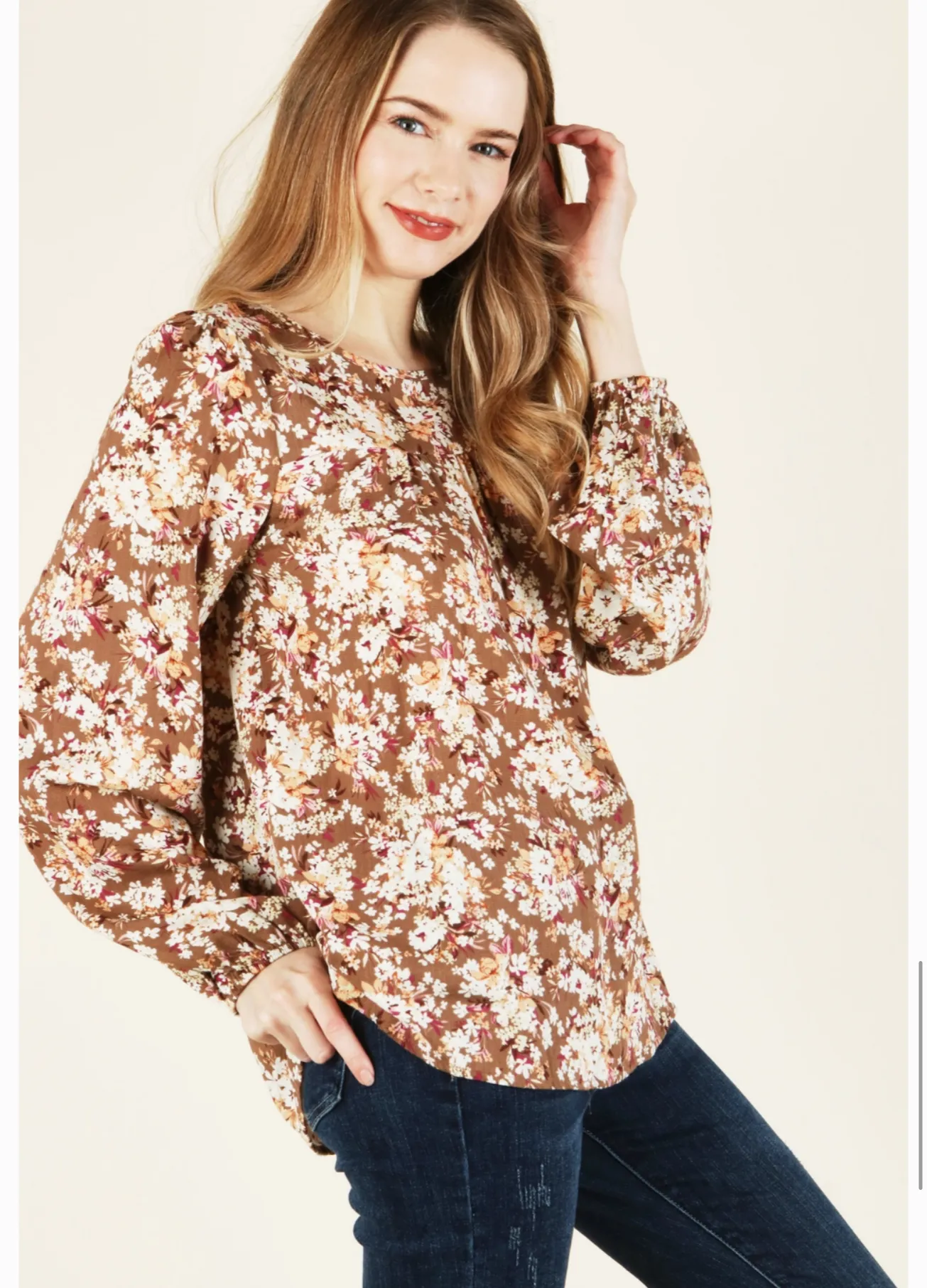 Woven Floral Long Sleeve Top - Back Button Key Hole