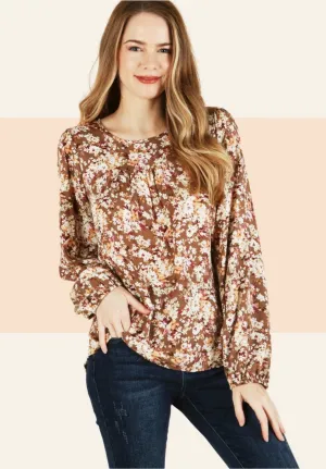 Woven Floral Long Sleeve Top - Back Button Key Hole