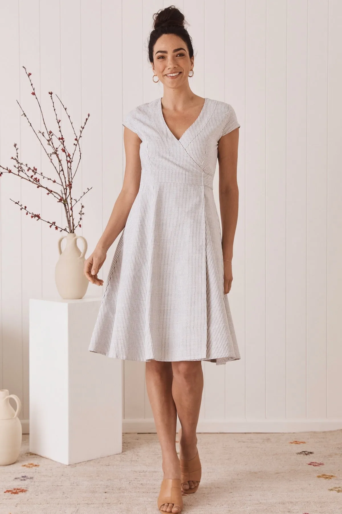 Wrap Dress -Handloomed White Stripe