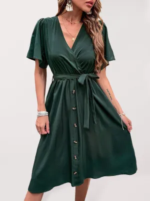 Wrap-Style Midi Dress with V-Neck and Button-Down Front