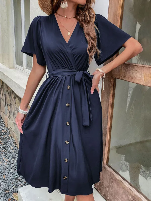 Wrap-Style Midi Dress with V-Neck and Button-Down Front