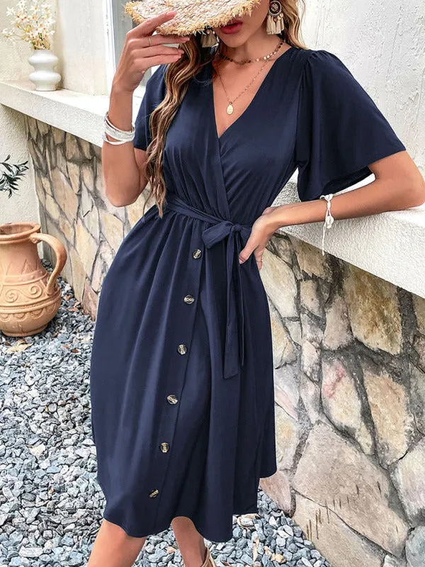 Wrap-Style Midi Dress with V-Neck and Button-Down Front