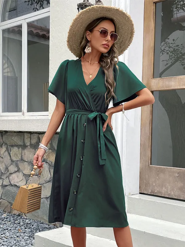 Wrap-Style Midi Dress with V-Neck and Button-Down Front