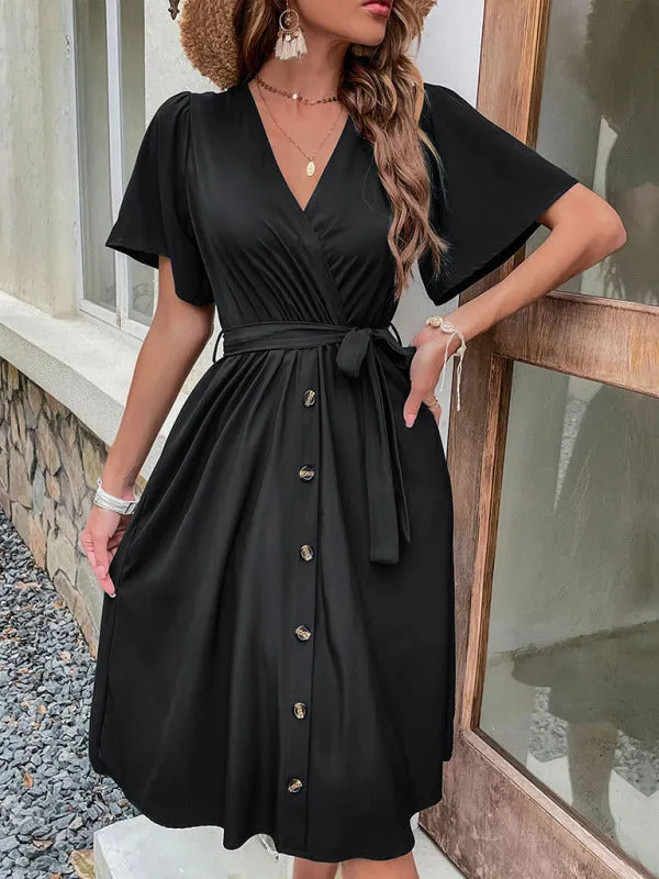 Wrap-Style Midi Dress with V-Neck and Button-Down Front