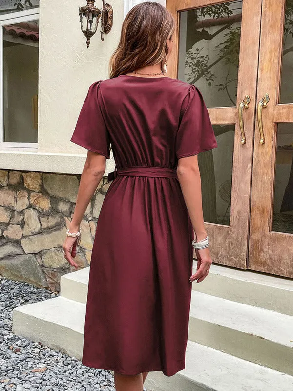Wrap-Style Midi Dress with V-Neck and Button-Down Front