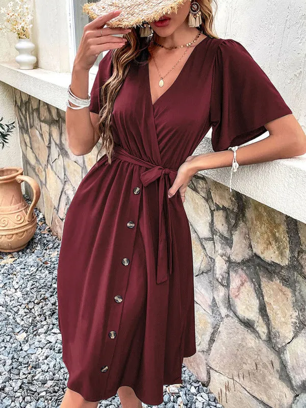 Wrap-Style Midi Dress with V-Neck and Button-Down Front
