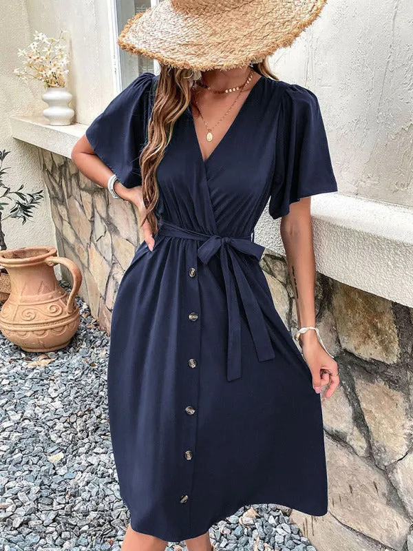 Wrap-Style Midi Dress with V-Neck and Button-Down Front