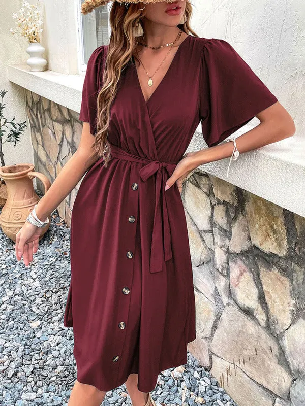 Wrap-Style Midi Dress with V-Neck and Button-Down Front