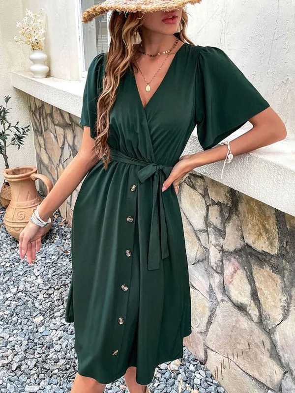 Wrap-Style Midi Dress with V-Neck and Button-Down Front