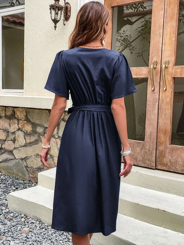Wrap-Style Midi Dress with V-Neck and Button-Down Front