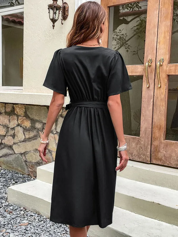 Wrap-Style Midi Dress with V-Neck and Button-Down Front