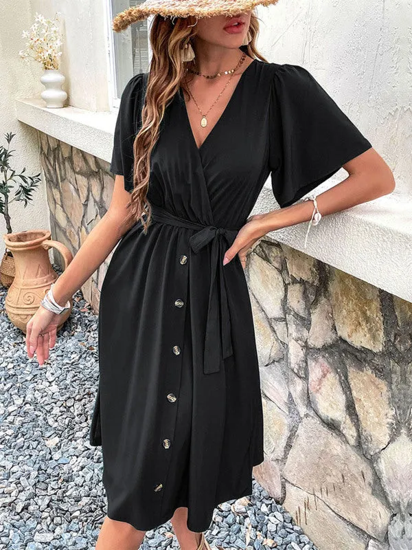 Wrap-Style Midi Dress with V-Neck and Button-Down Front