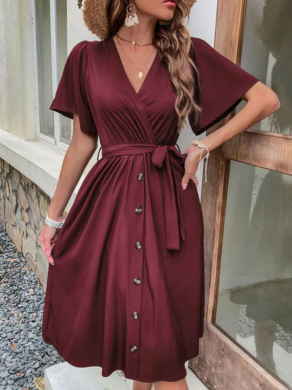 Wrap-Style Midi Dress with V-Neck and Button-Down Front