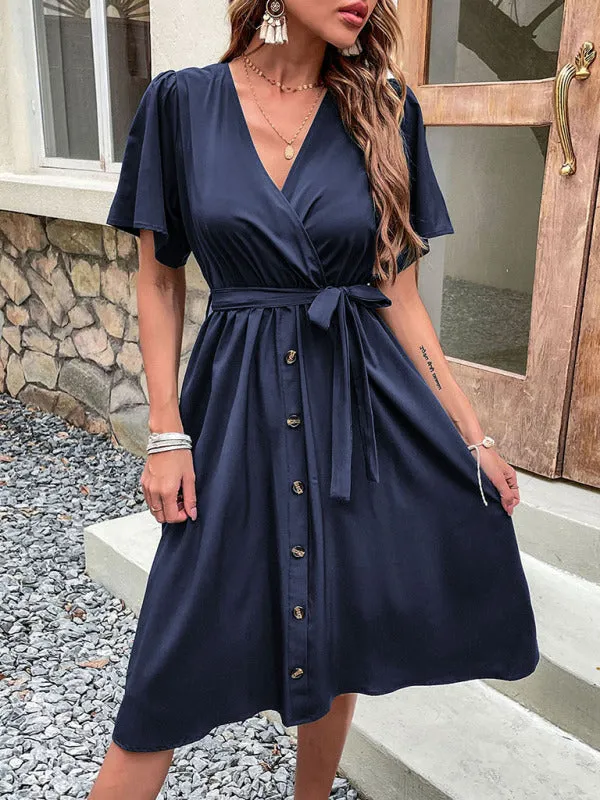 Wrap-Style Midi Dress with V-Neck and Button-Down Front