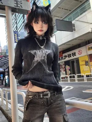 Y2K Grunge Star Ribbed Top