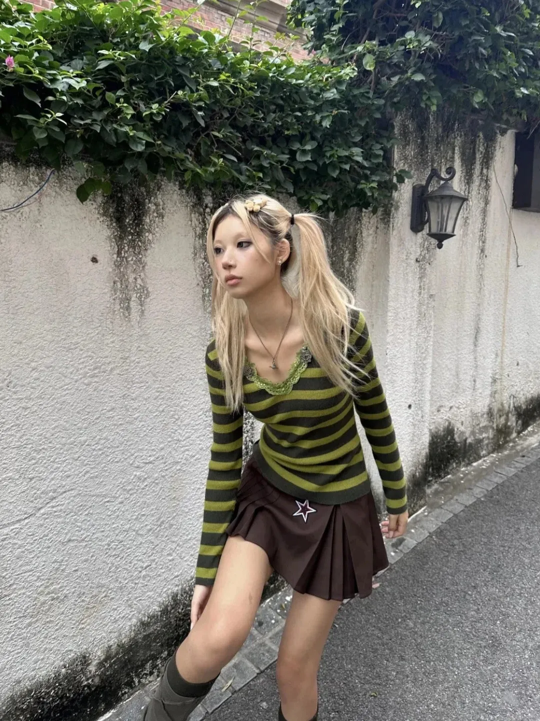 Y2K Striped Lace Trim Top