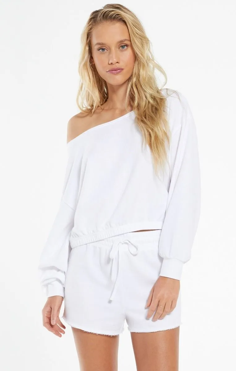 Zoe Off Shoulder Sweatshirt in White by Z Supply