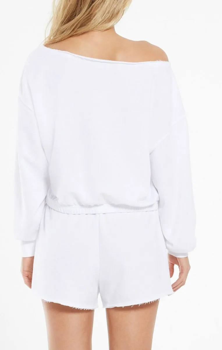 Zoe Off Shoulder Sweatshirt in White by Z Supply