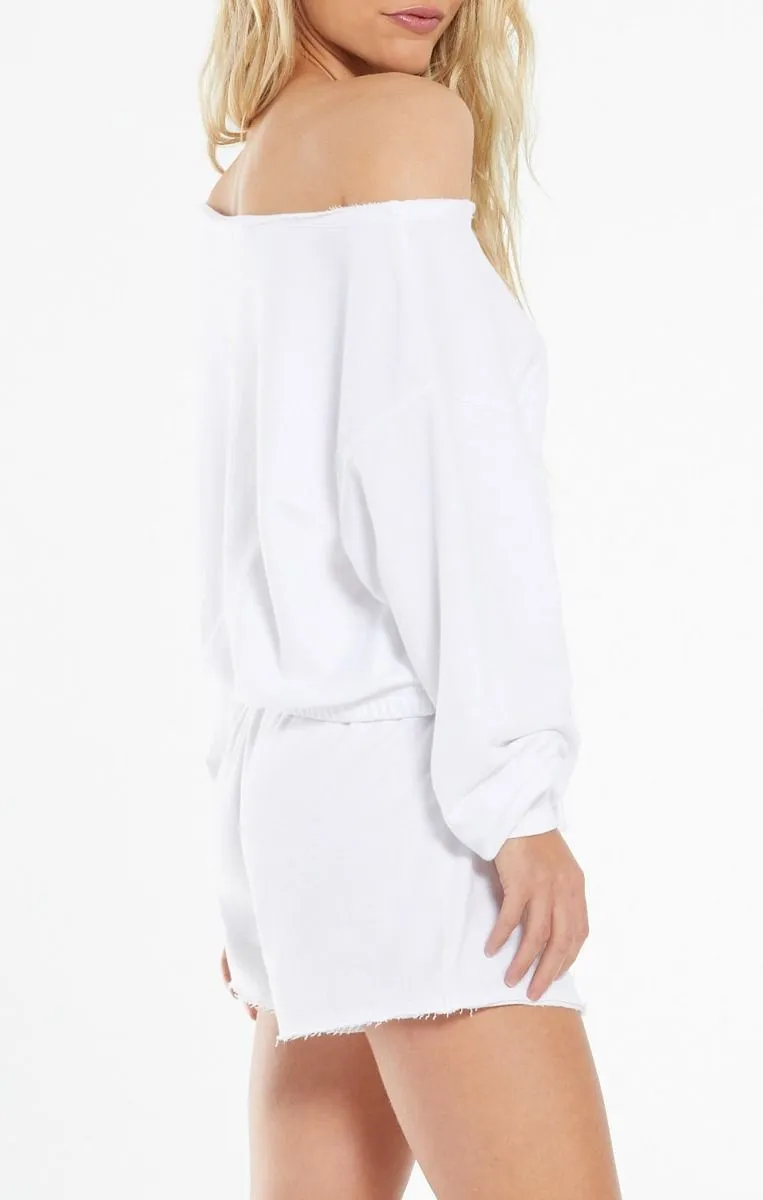 Zoe Off Shoulder Sweatshirt in White by Z Supply